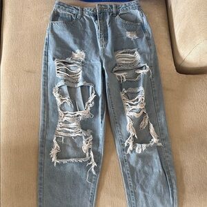 SHEIN Distressed Light Blue Straight Leg Jeans